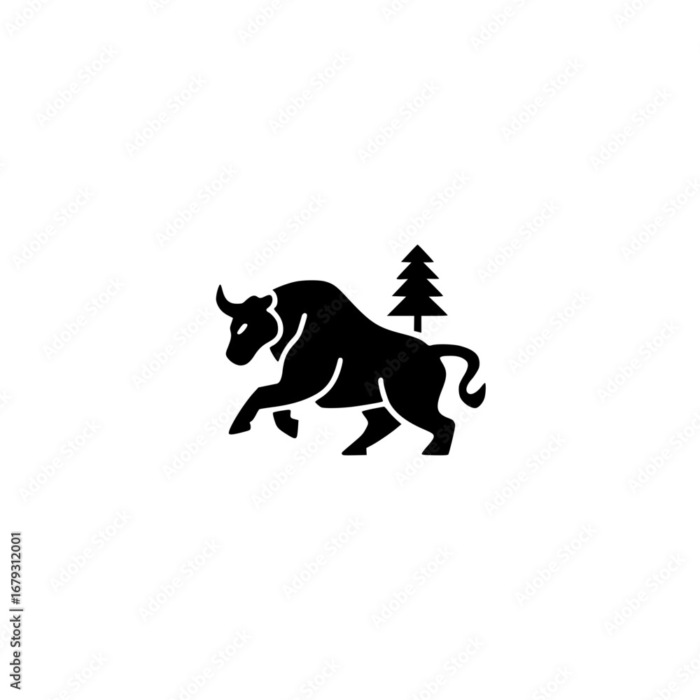 Fototapeta premium Bull and tree icon in minimal vector design with nature and power theme for branding use