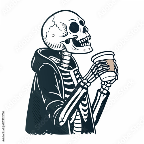 Create Bold Stroke Skeleton Drinking Coffee Whi Premium Digital Asset Suitable for Design