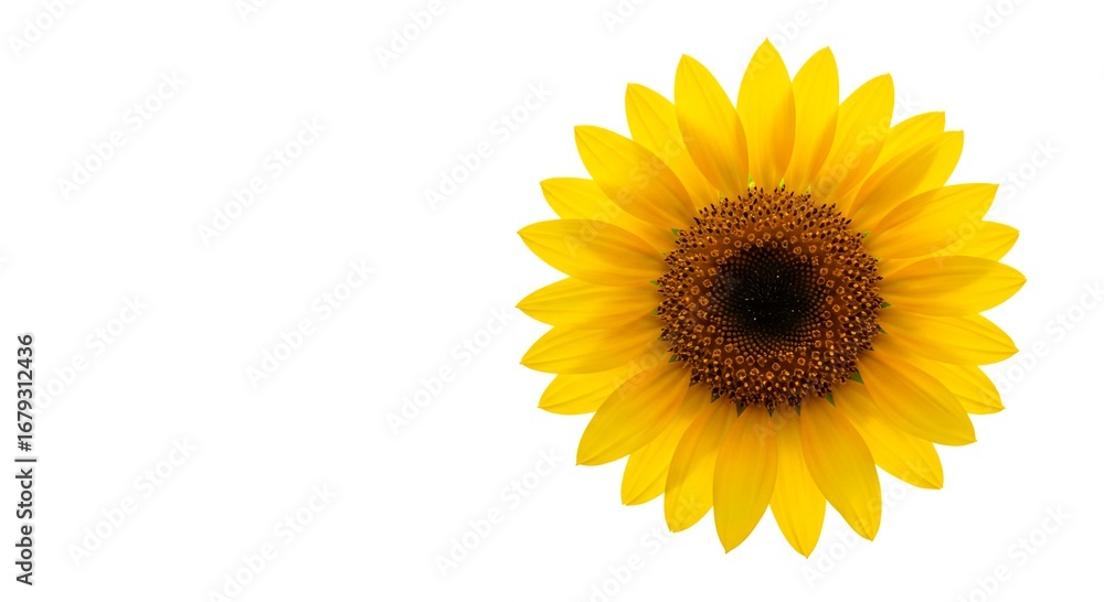 Fototapeta premium Close up view of a bright yellow sunflower with a dark center on a plain white background in studio shot
