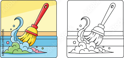 Cartoon Broom Sweeping Dust and Dirt - Colorful and Line Art Versions for Cleaning and Housework Concepts