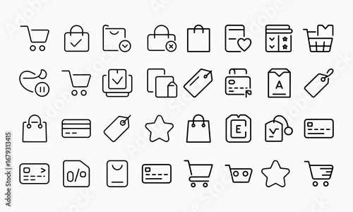 Shopping Outline Icon Set. Shop, offer, containing cart, buy, product, online shopping, customer and more. Vector Illustration. Editable Modern Stroke.