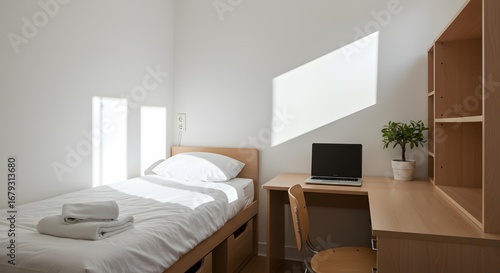 Modern Student Bedroom with Single Bed, Study Desk, Bookshelves, and Cozy Pink Blanket.