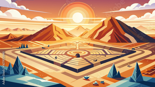 Across Peru’s Nazca Pampa, geometric geoglyphs—trapezoids, lines, spirals—etch the desert. Low sun casts long shadows; minimalist palette, sand tones; semi-realistic flat vector with clean aerial comp