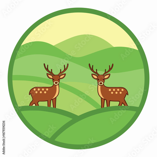 Two deer standing in green rolling hills circle illustration animals wildlife