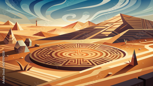Across Peru’s Nazca Pampa, geometric geoglyphs—trapezoids, lines, spirals—etch the desert. Low sun casts long shadows; minimalist palette, sand tones; semi-realistic flat vector with clean aerial comp