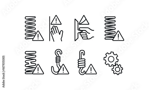 simple outline stroke icon 8 different coil spring hazard pinch point sharp edge compressed coil risk broken coil caution spring hook danger metal coil warning moving parts caution isolated