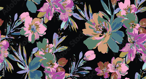 Vintage Colorful Old Style, Colorful joy of flora, flowers sets leaf, Goth blackbackground vector art hand drawn aesthetic Stylish Flower set seamless pattern suitable for printing on surface 