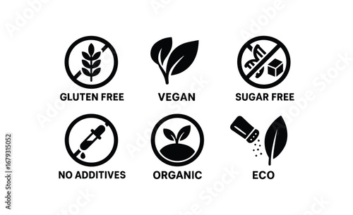 flat black solid icon 8 different items gluten free vegan mark non gmo sugar free no additives organic label low sodium eco leaf isolated on white background