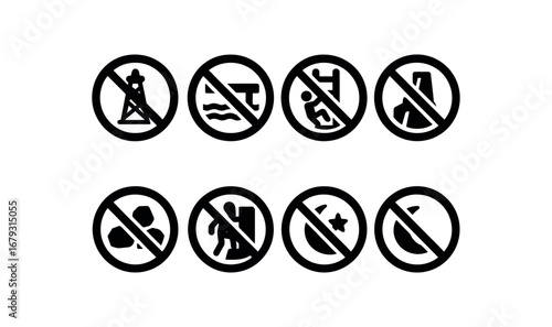 flat black solid icon 8 different items no tower access no pier access no rock access no ladder climbing no cliff access no beacon access no rail crossing no night entry isolated on white