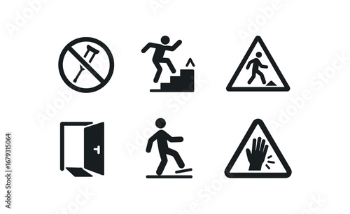 flat black solid icon 8 different items crutch forbidden stair fall risk wet floor hazard ramp slope risk door threshold hazard slip zone walking aid caution hand injury risk isolated on