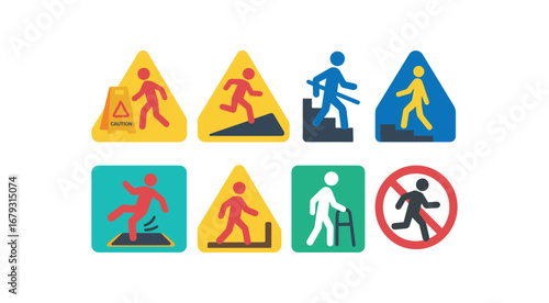 solid color icon 8 different items no outline flat vector fills vibrant palette minimal wet floor caution stair step hazard ramp slope caution use handrail slip mat area door threshold