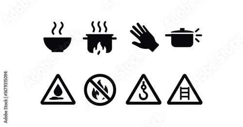 flat black solid icon 8 different items hot soup hazard boiling pot risk steam burn risk slippery handle kitchen spill hazard no open flame hanging hook caution storage rack caution