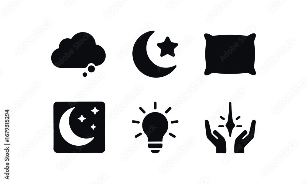 Obraz premium flat black solid icon items isolated on white background: dream cloud moon bed pillow night sky idea spark hope line