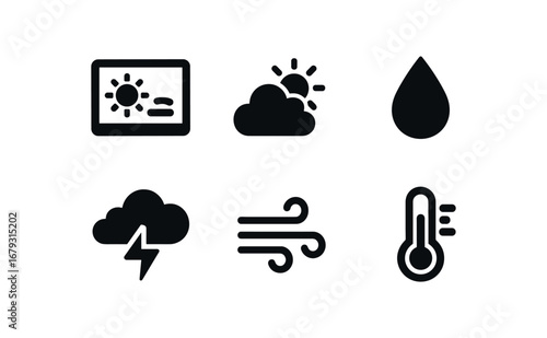 flat black solid icon items isolated on white background: weather forecast sun cloud rain drop icon wind line temp bar