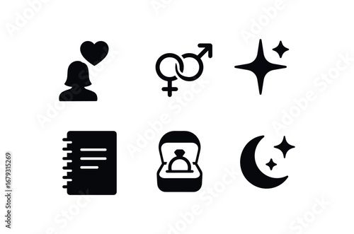 flat black solid icon items isolated on white background: longing desire couple sign glow diary note ring box dream spark