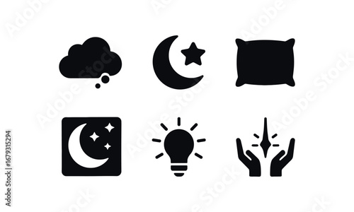 flat black solid icon items isolated on white background: dream cloud moon bed pillow night sky idea spark hope line