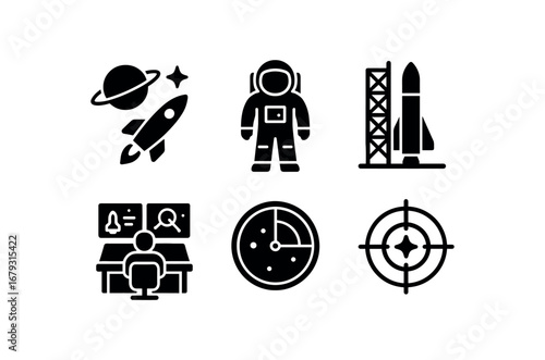 flat black solid icon items isolated on white background: space mission astronaut suit launch pad control room radar map