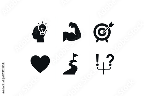 flat black solid icon items isolated on white background: clear intention will power goal arrow heart sign dream path decision mark