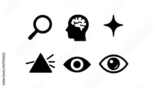 flat black solid icon items isolated on white background: magnifying glass brain head clarity line prism light open eye sharp view