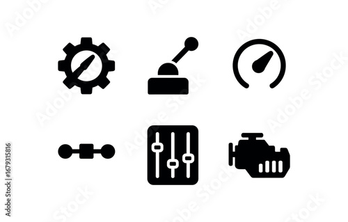flat black solid icon items isolated on white background: operation gear machine lever switch knob process line control panel engine bar