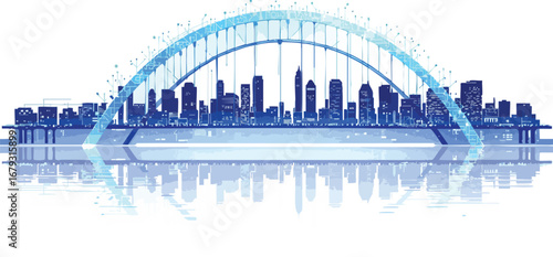 Futuristic Blue Cityscape with Arching Bridge and Digital Network Overlay urban skyline.