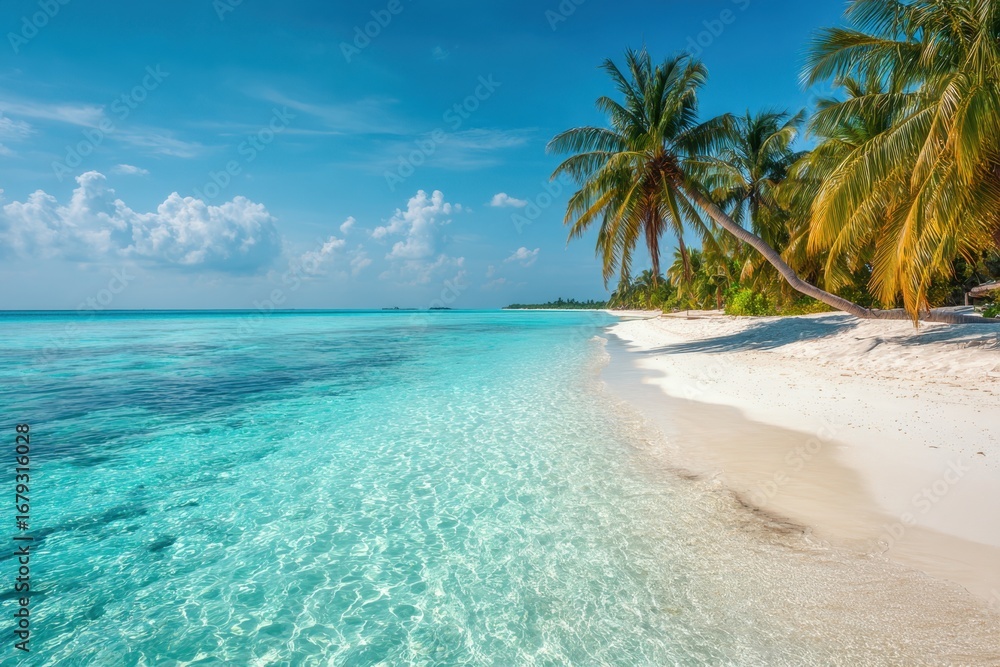 Fototapeta premium Scenic tropical beach paradise with turquoise ocean, palm trees, and white sand, idyllic summer holiday destination with tranquil atmosphere