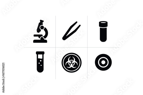 flat black solid icon items isolated on white background: lab microscope stage clip eyepiece tube test vial bio sample optic lens