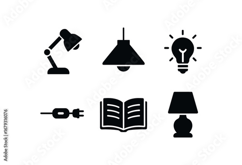 flat black solid icon items isolated on white background: desk lamp light shade bulb glow switch cord reading book lamp base