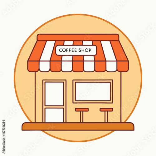 Flat illustration of a coffee shop with orange awning and seating cafe building