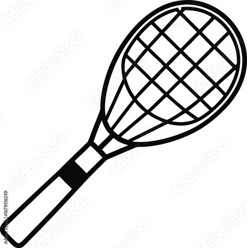 A tennis racket with a blue stripe on the bottom