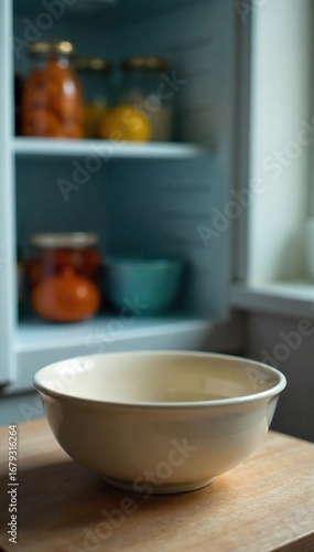 Wallpaper Mural Close-up of an empty bowl, next to a sparsely stocked refrigerator, symbolizing the physical and emotional emptiness associated with hunger and depression , bulimia, unhealthy lifestyle Torontodigital.ca