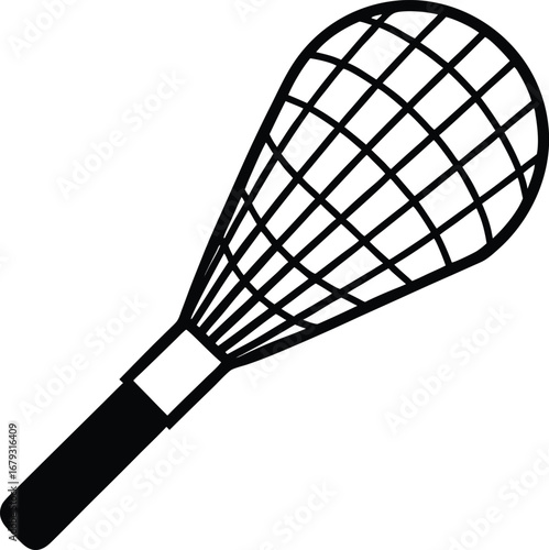 A tennis racket with a blue stripe on the bottom