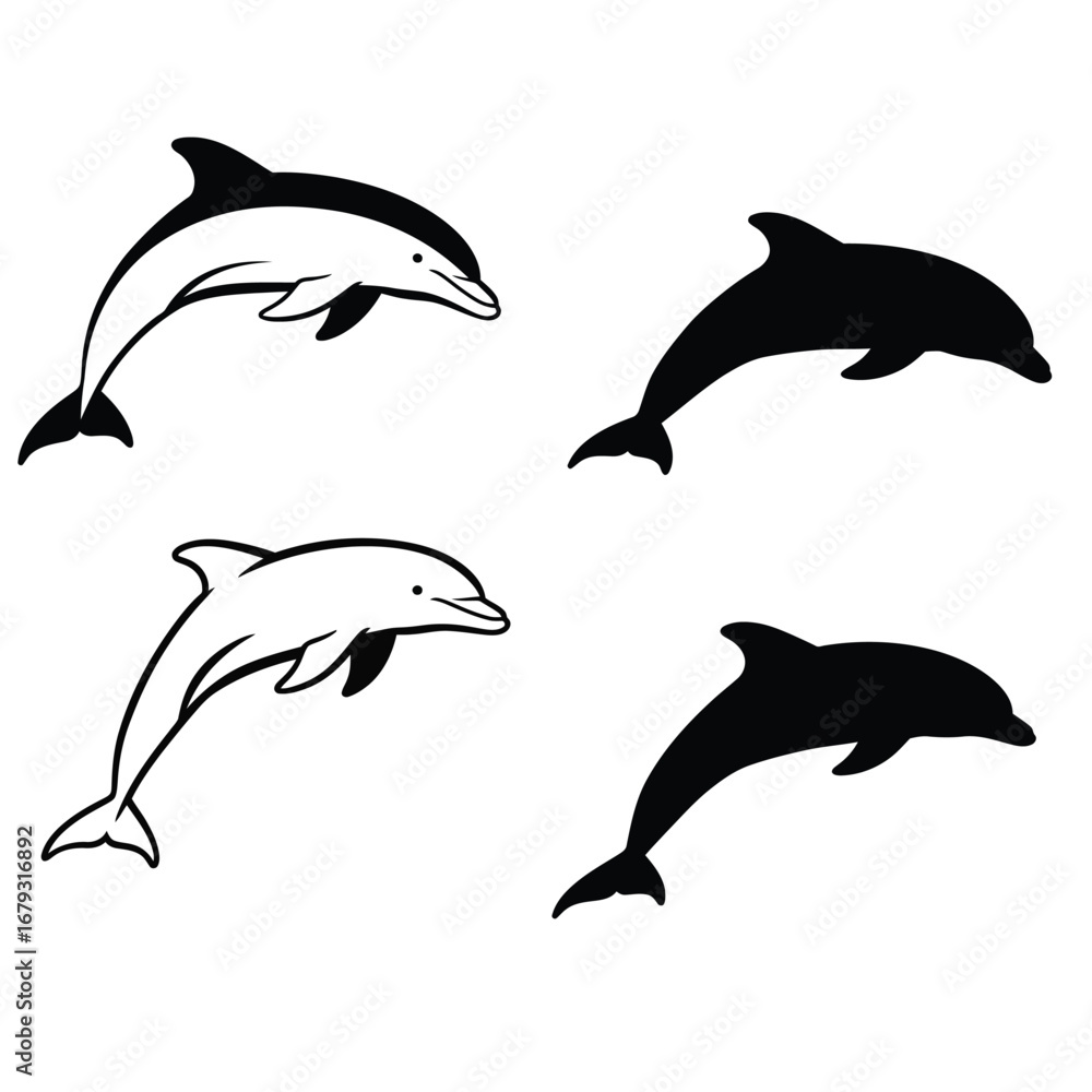 Fototapeta premium Four black silhouettes of dolphins jumping out of water in different poses