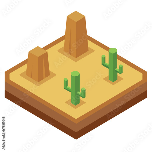 Isometric desert landscape with cacti and rock formations saguaro cactus