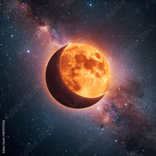 Burning Moon with Galaxy Background