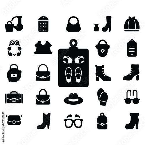 Black and white vector icons of fashion elements including handbags shoes glasses and other stylish accessories for a modern wardrobe