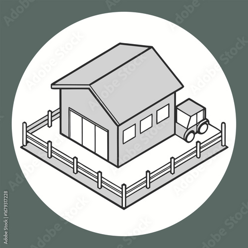 Isometric drawing of a gray barn with a tractor behind a fence farm agriculture
