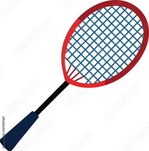 A tennis racket with a blue stripe on the bottom