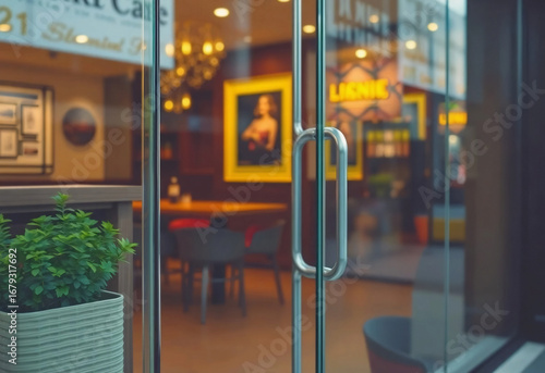 Blank transparent glass door mockup restaurant background, ai generated
