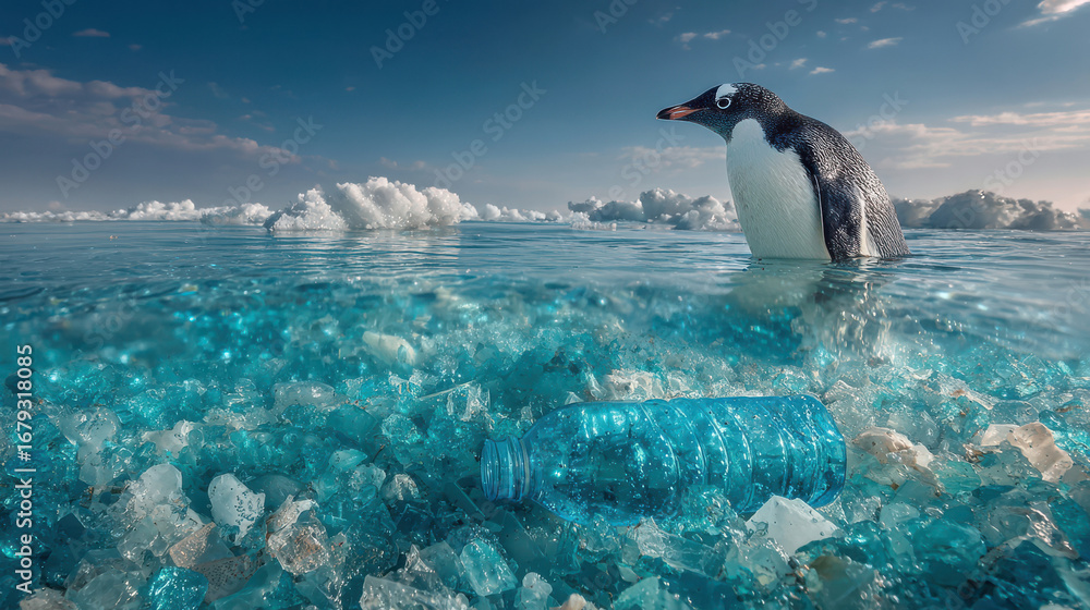 Obraz premium Environmental impact of plastic pollution and waste on antarctic wildlife featuring penguin and ocean debris