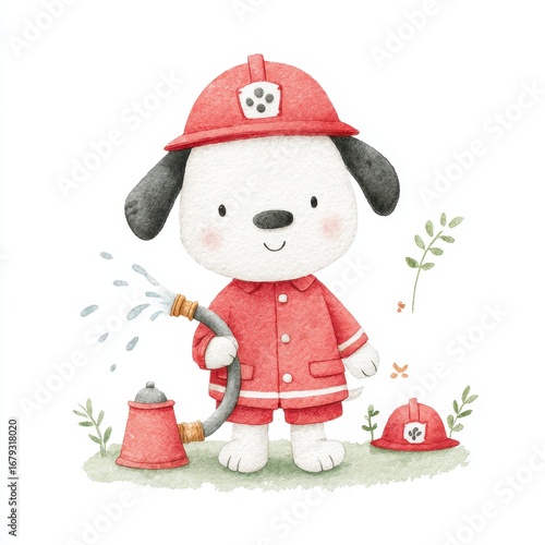 Cute cartoon dog firefighter in red uniform with water hose