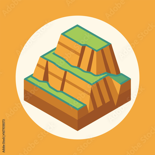 Isometric illustration of layered rock formations with green grass on top geology layers