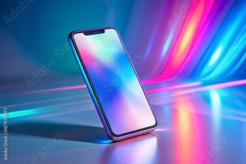 Photo of a smartphone with a colorful abstract pattern on the screen against a vibrant background