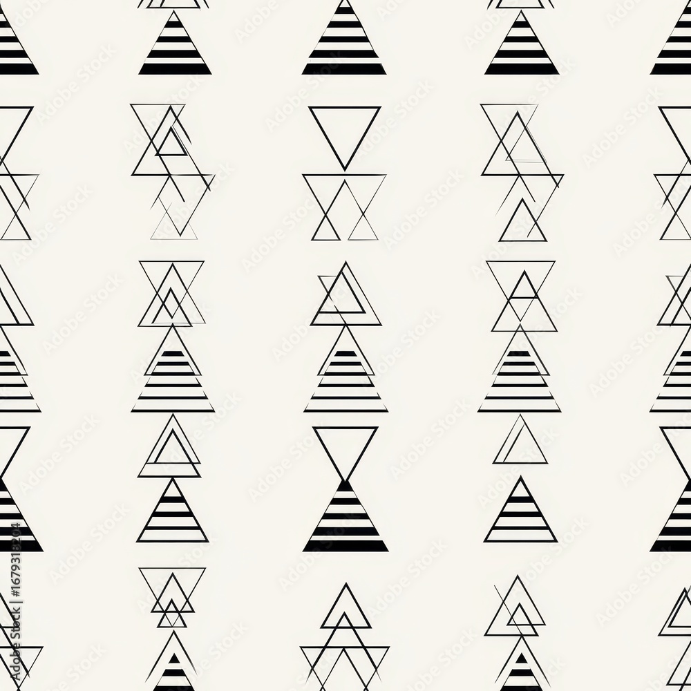 Obraz premium Geometric Black and White Triangle Pattern on Cream Background, Minimalist Design.