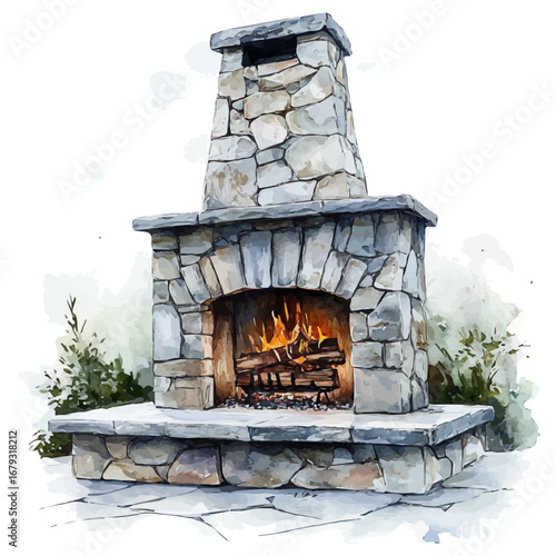 watercolor vector of Fireplace, isolated on a white background.