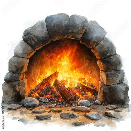 Fireplace Glowing Warmth, watercolor illustration vector, isolated on a white background.