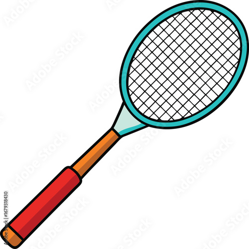 A tennis racket with a blue stripe on the bottom