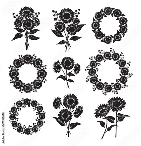 Collection of nine black silhouette floral arrangements including wreaths and bouquets featuring blooming sunflowers and roses in a vintage botanical illustration style