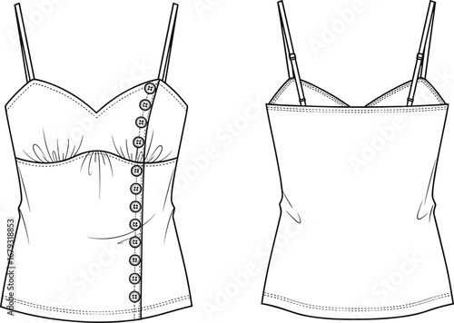 CAD drawing flat vector illustration of women camisole top, fashion technical sketch, spaghetti strap blouse design, apparel mockup, clothing template, outfit design
