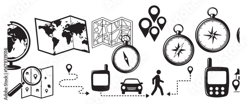 Collection of travel and navigation icons including a globe folded maps compasses location pins magnifying glass smartphone car and walking person